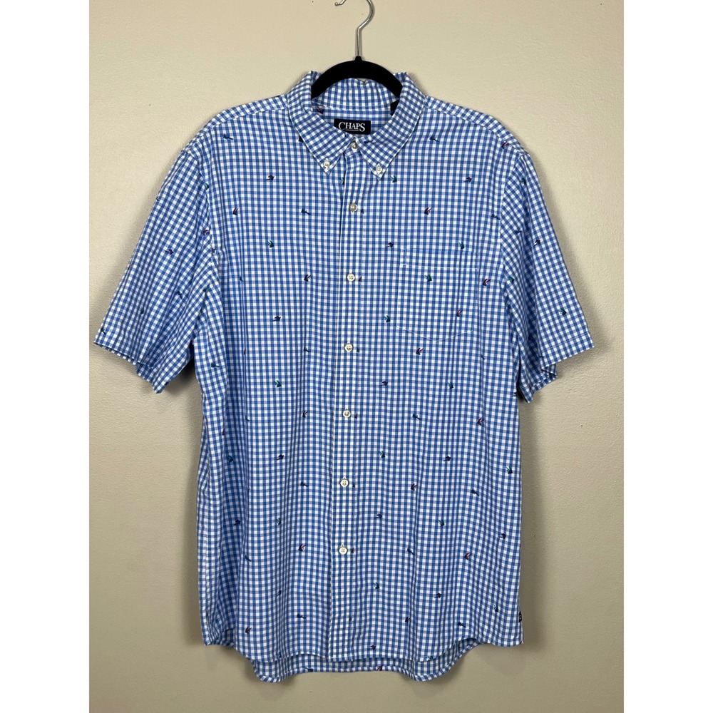 Chaps Men XL Blue Gingham Fishing Fly Embroidered Short Sleeve Button Down Shirt